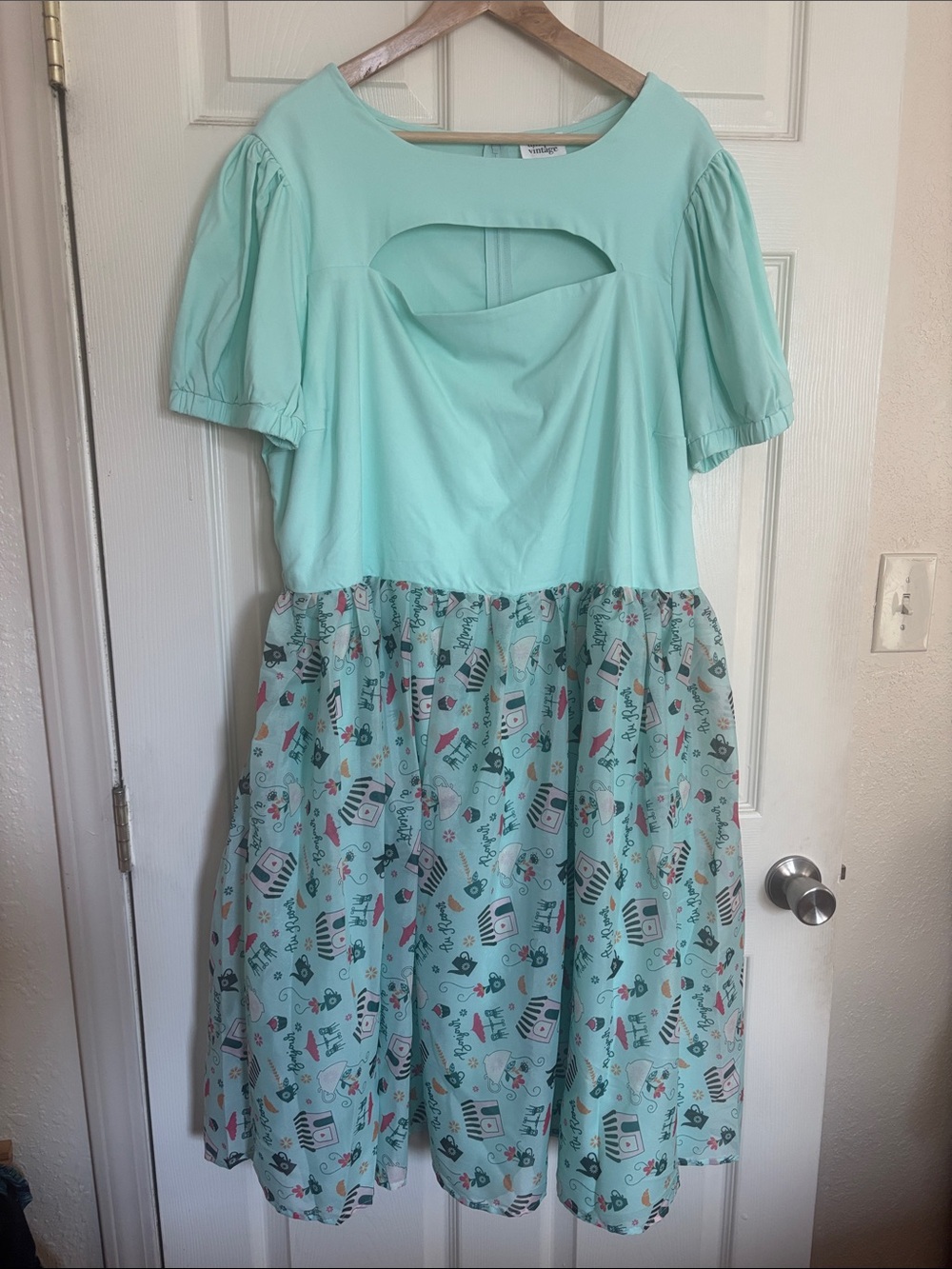 Mint Cutout Bodice Unique Vintage Dress with Patterned Skirt